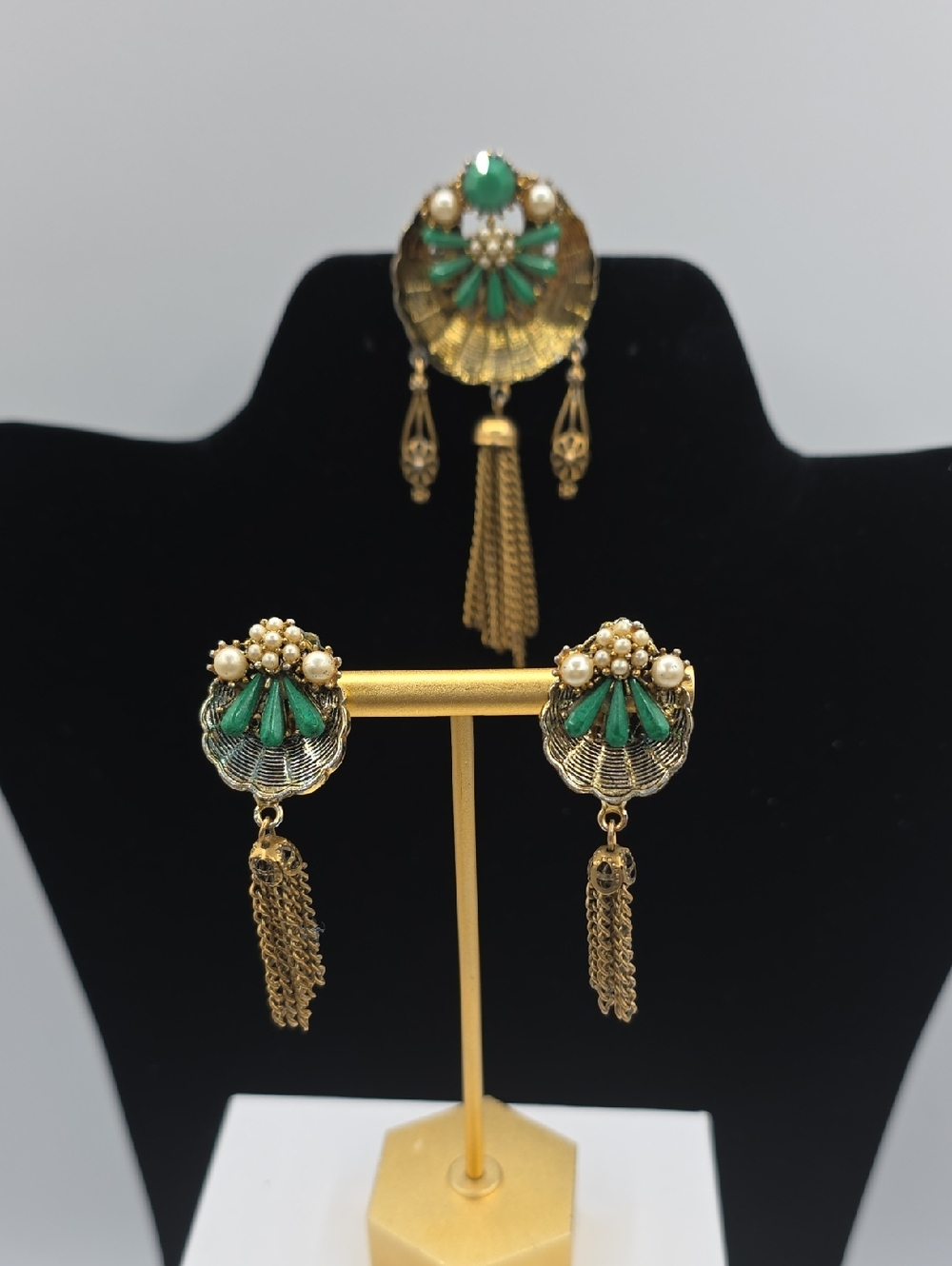 Vintage Hollycraft Gold and Green Tassel Drop Earrings with Pearl Accents